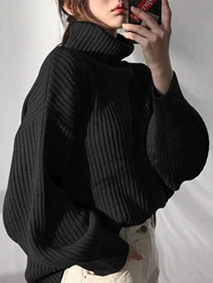 Solid Turtleneck Ribbed Knit Sweater