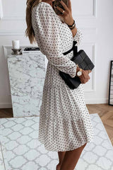 Bxoxo - Elegant White Black Dot Print Round Neck Tie Midi Dress