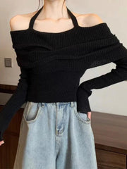 Solid Halter Ruched Cold Shoulder Sweater