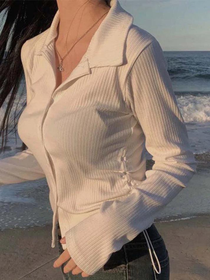 Solid Side Drawstring Ruched Breasted Long Sleeve Blouse