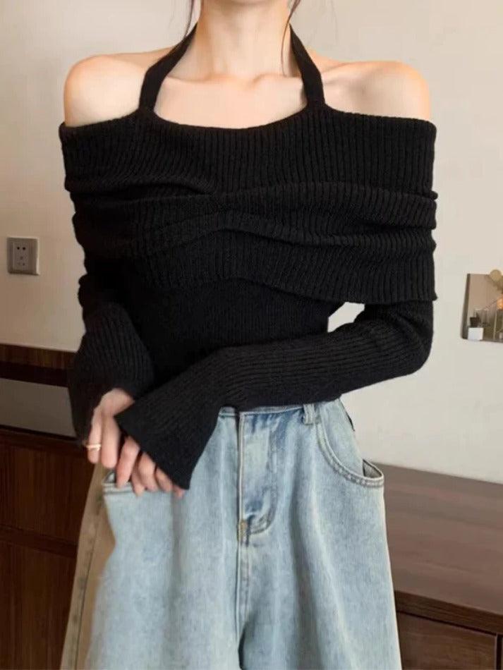 Solid Halter Ruched Cold Shoulder Sweater