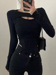 Solid Fake Two Piece Cutout Irregular Hem Long Sleeve Tee