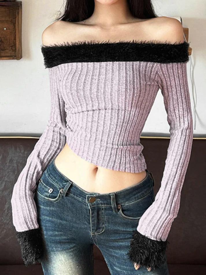 Fuzzy Trim Off Shoulder Cropped Long Sleeve Knit