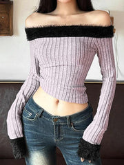 Fuzzy Trim Off Shoulder Cropped Long Sleeve Knit