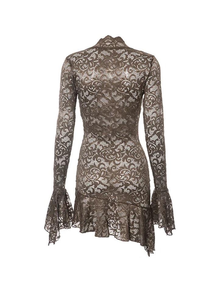 Lace V Neck Trumpet Sleeve Mini Dress