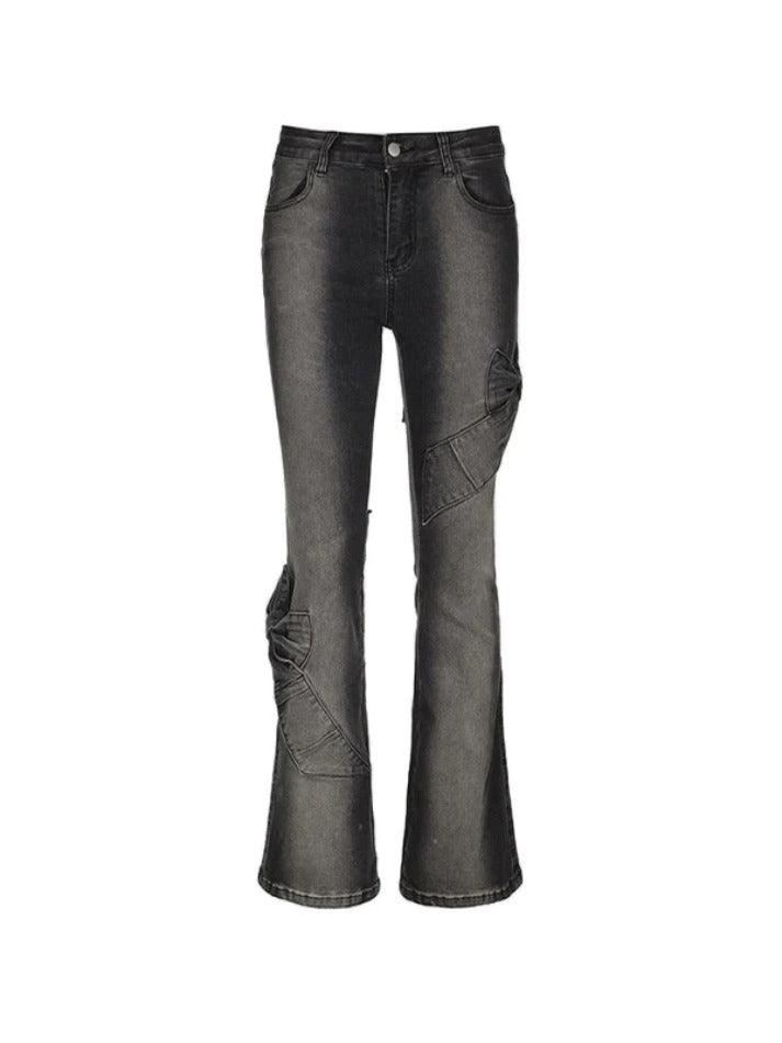 High Rise Ruched Bow Flare Jeans