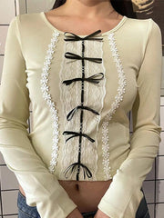 Lace Bow Splice Long Sleeve Tee
