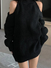 Solid Cold Shoulder Loose Ribbed Sweater