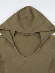 Solid V Neck Hooded Long Sleeve Tee