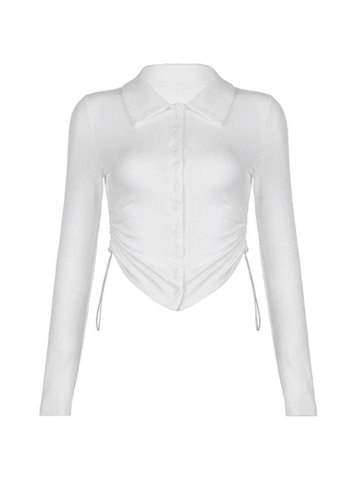 Solid Side Drawstring Ruched Breasted Long Sleeve Blouse