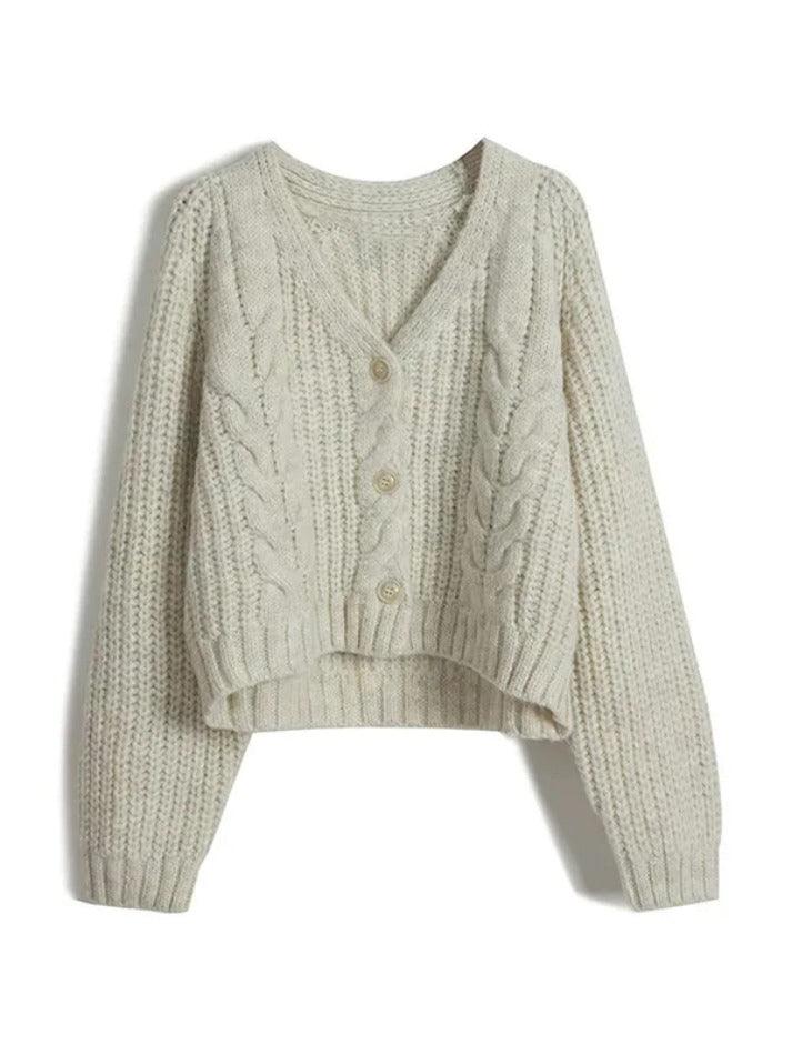 Solid V Neck Cable Knit Cardigan