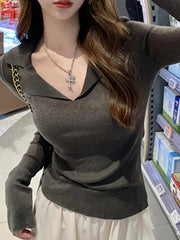Solid V Neck Slim Long Sleeve Knit