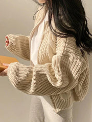 Solid Zip Up Crochet Cable Knit Cardigan