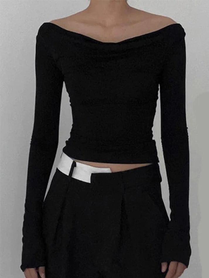 Solid Color Stacked Neck Backless Lacing Long Sleeve Tee