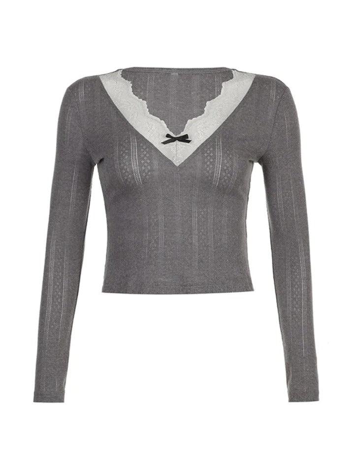 Lace Trim Splice V Neck Long Sleeve Knit