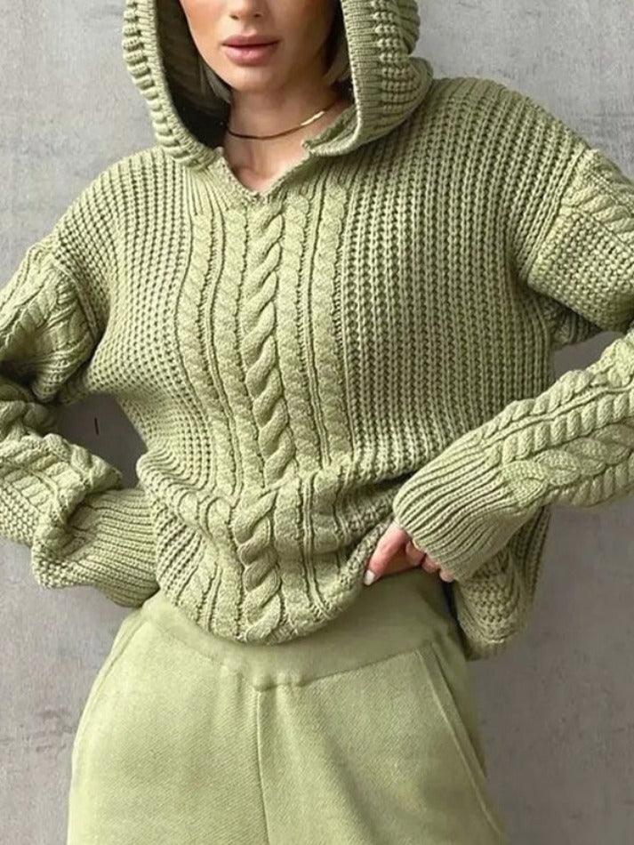 Solid Color Hooded Cable Knit Sweater