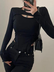 Solid Fake Two Piece Cutout Irregular Hem Long Sleeve Tee