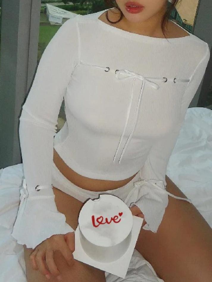 Ribbed Bow Lace Up Flare Long Sleeve Knit