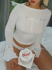 Ribbed Bow Lace Up Flare Long Sleeve Knit