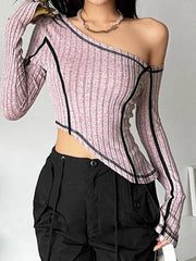 Slanted Shoulder Splice Irregular Hem Long Sleeve Knit