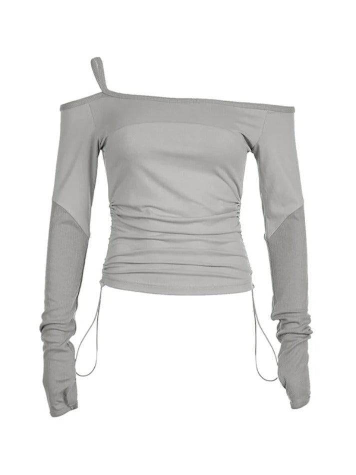 Off Shoulder Splice Side Drawstring Long Sleeve Tee