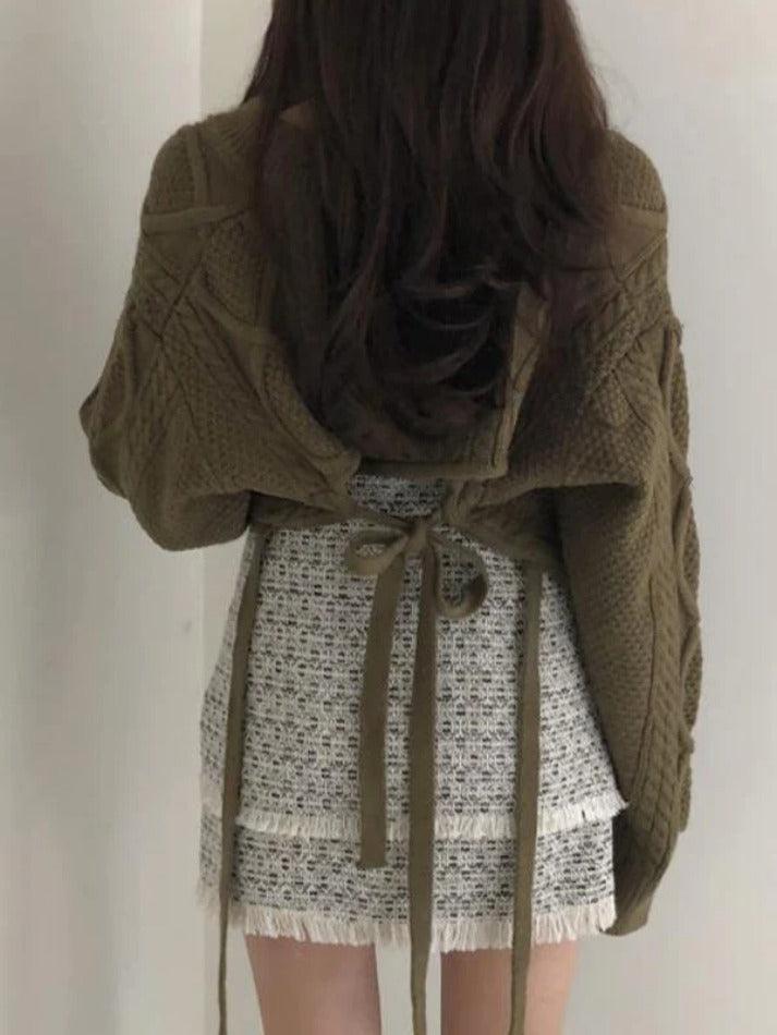 Solid V Neck Tie Back Loose Sweater