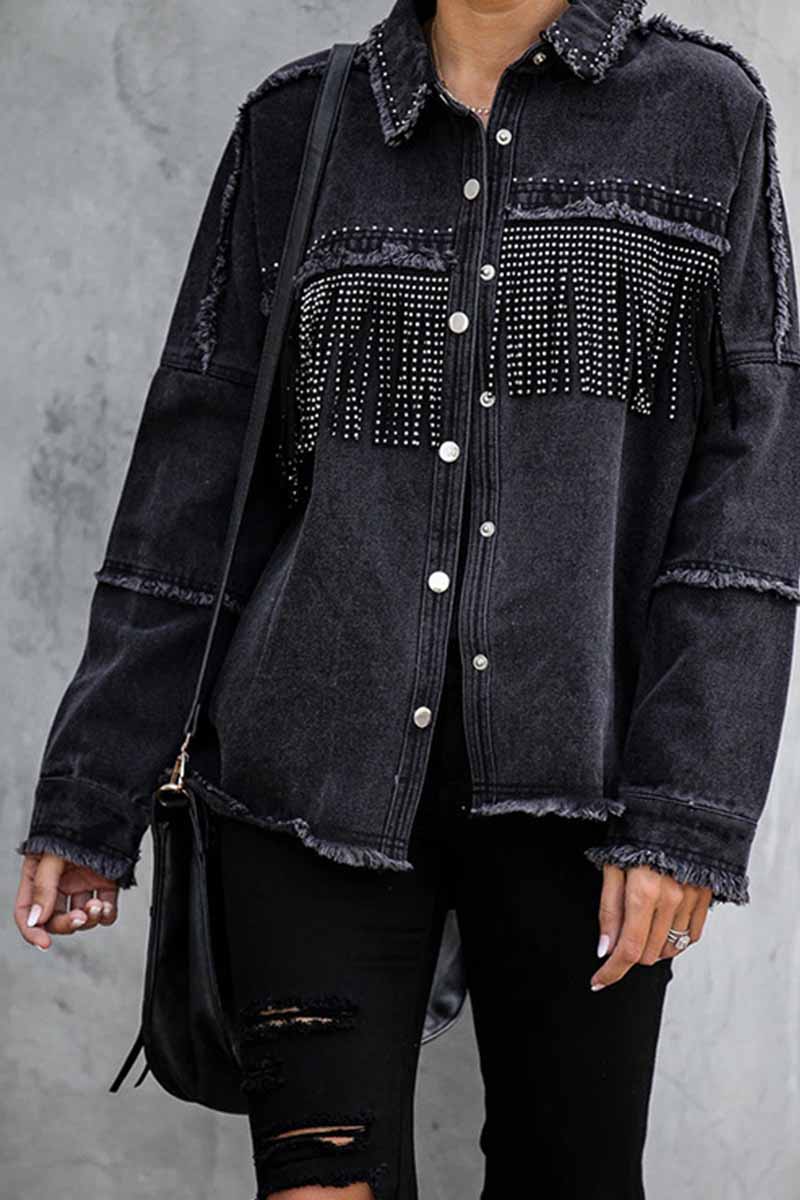 Bxoxo - Long Sleeve Fringed Denim Jacket Tops