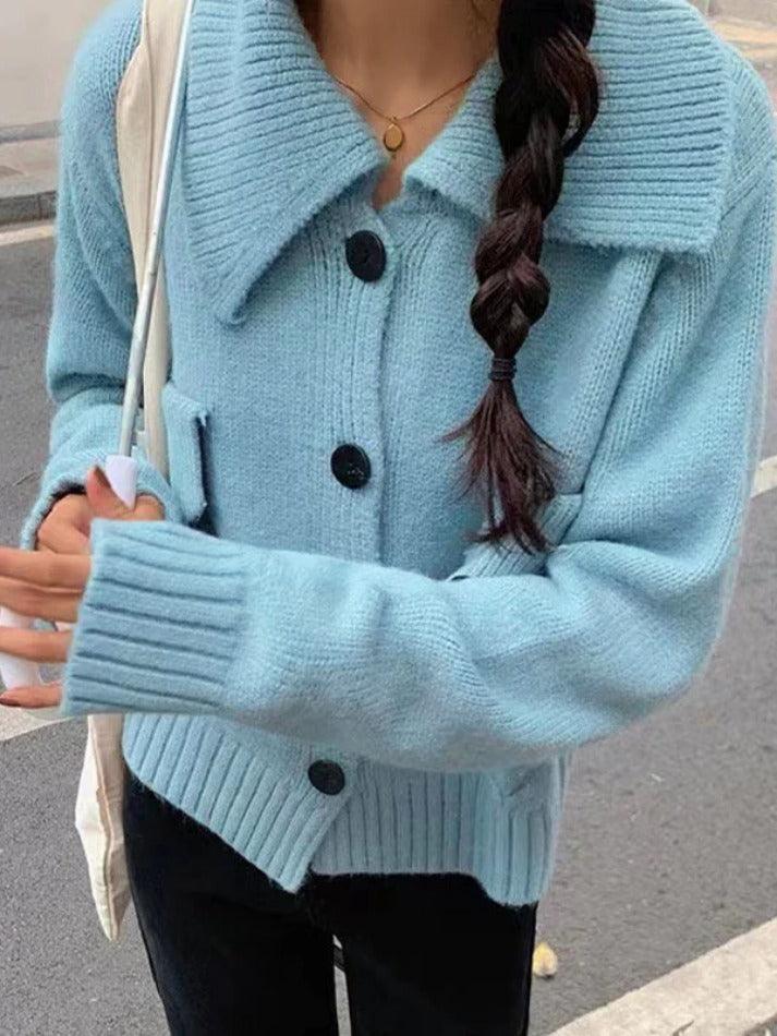 Solid Flap Design Lapel Neck Knit Cardigan