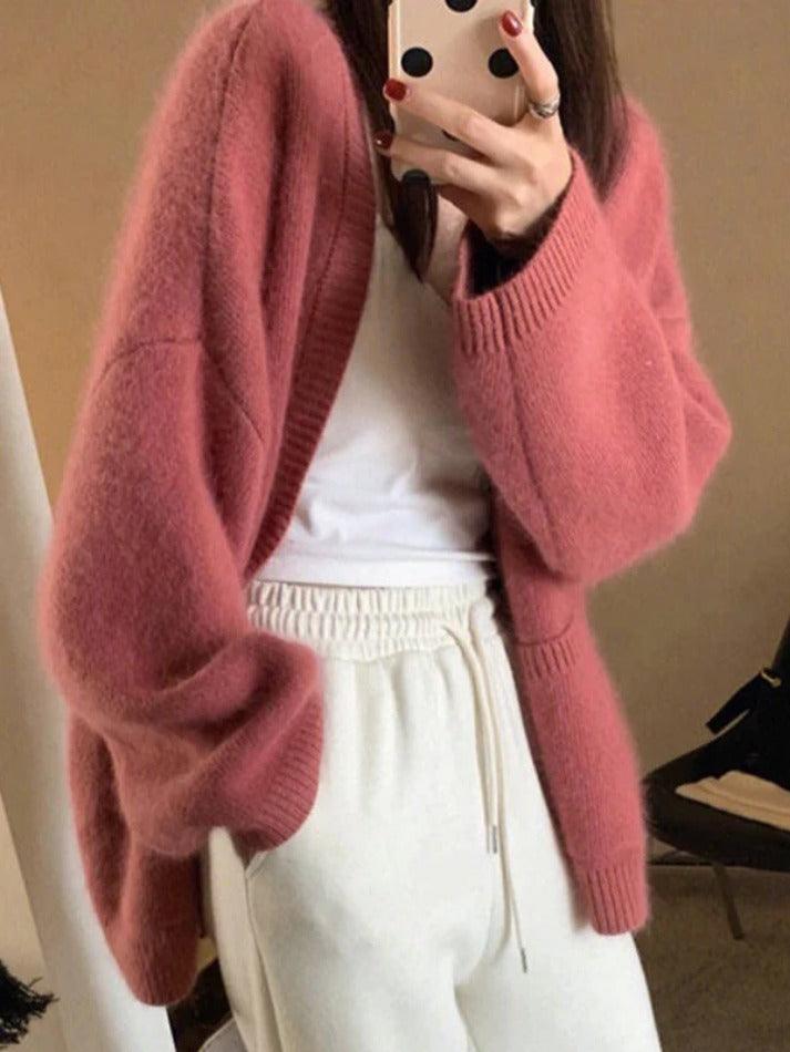 Solid V Neck Loose Knit Cardigan