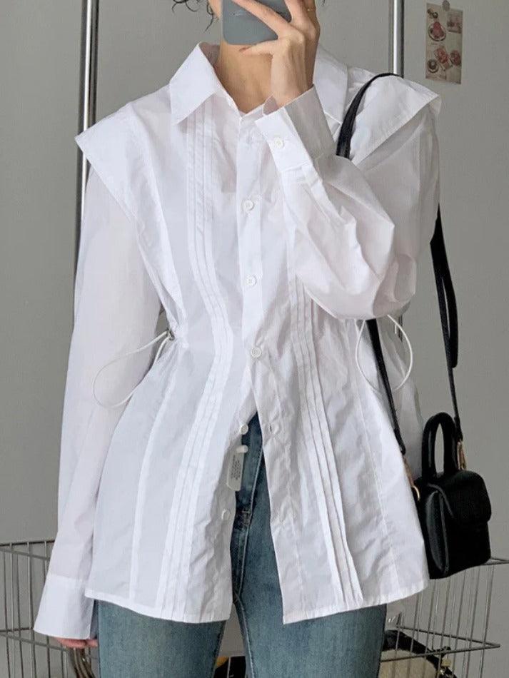 Pleated Drawstring Long Sleeve Blouse