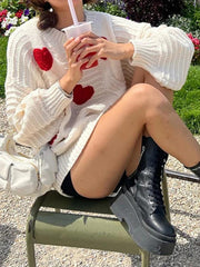 Heart Embroider Embellished Loose Sweater