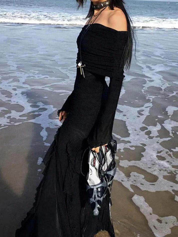 Off Shoulder Ruffle High Slit Maxi Dress