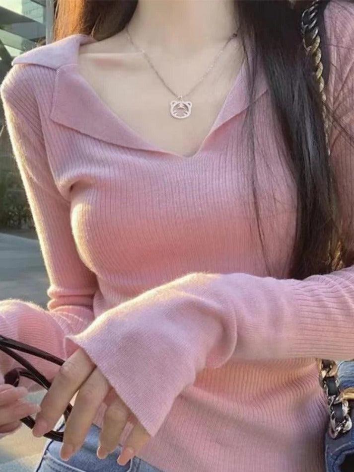 Solid V Neck Slim Long Sleeve Knit