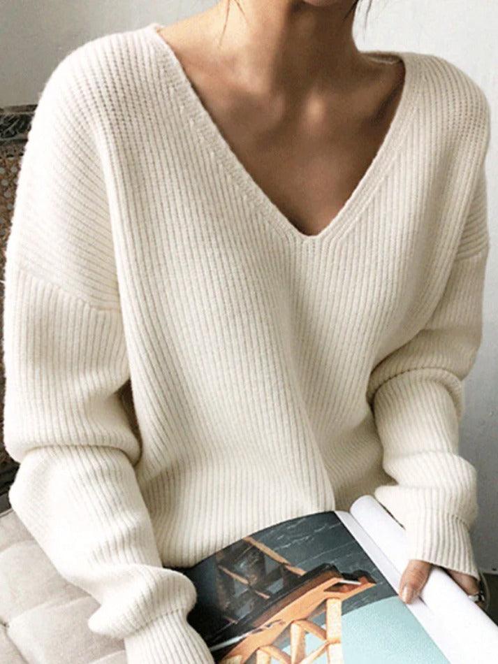 Solid V Neck Irregular Hem Baggy Knit Sweater