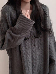 Solid Color V Neck Cable Knit Sweater