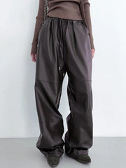 High Rise Drawstring Loose Leather Pants