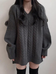 Solid Color V Neck Cable Knit Sweater