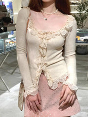 Lace Trim Slit Long Sleeve Knit