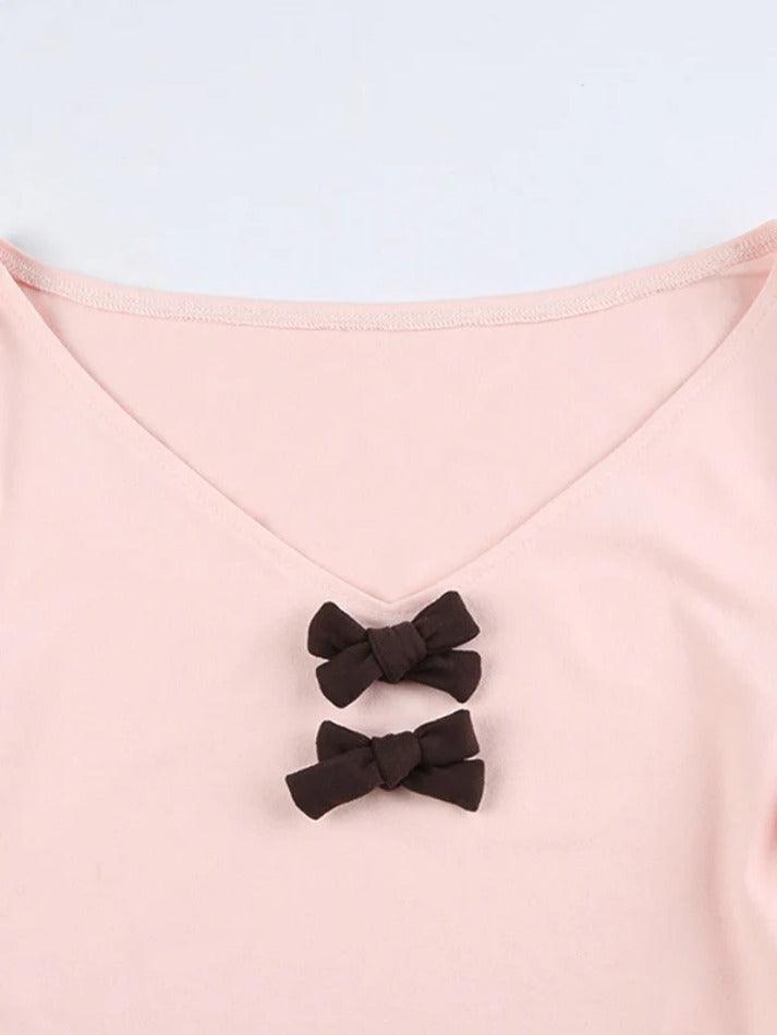 Contrast Color Splice Bow Decor Slim Long Sleeve Tee