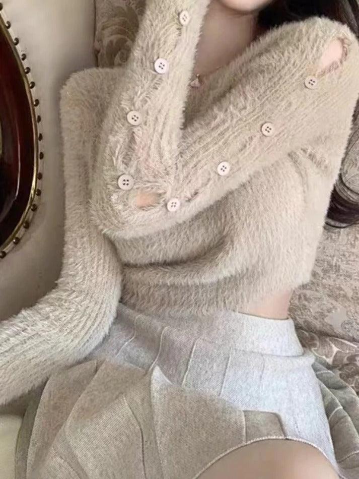 Solid Plush Cutout Short Sweater