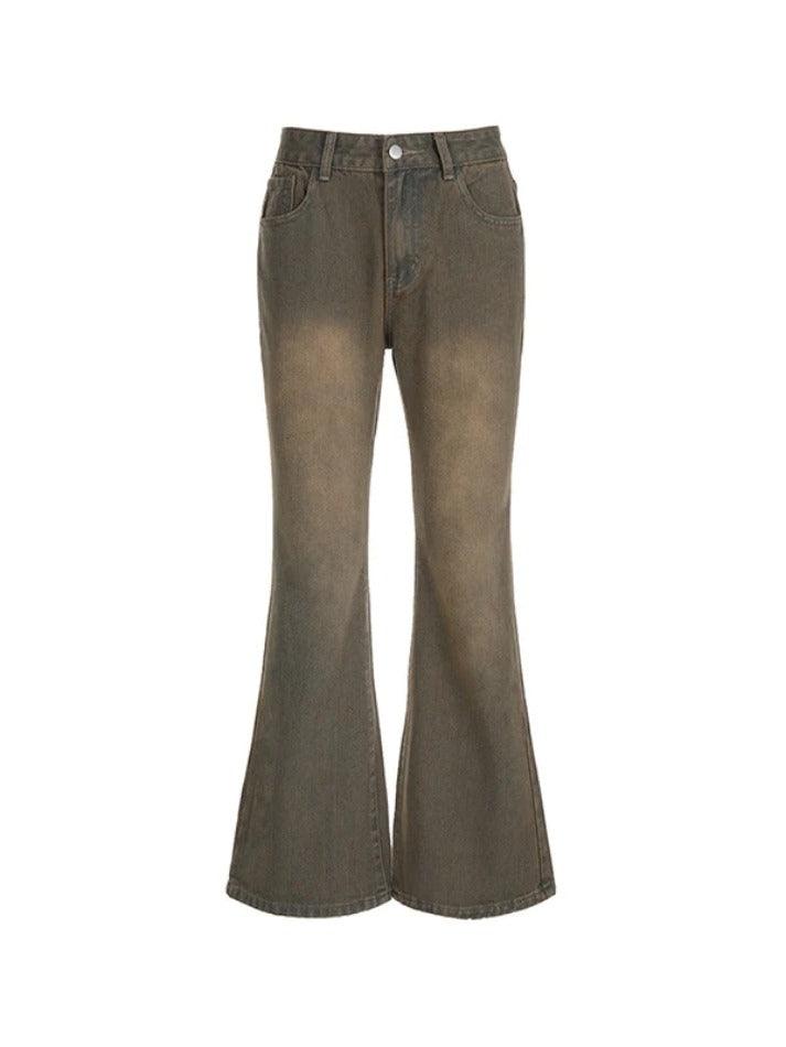 Distressed Washed Brown Low Rise Flare Jeans