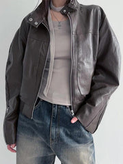 Solid Collar Neck Leather Motorcycle Jacket