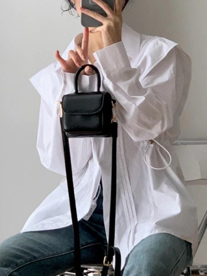 Pleated Drawstring Long Sleeve Blouse