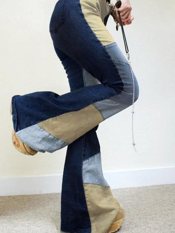 Mix Color Denim Irregular Splice Flare Jeans