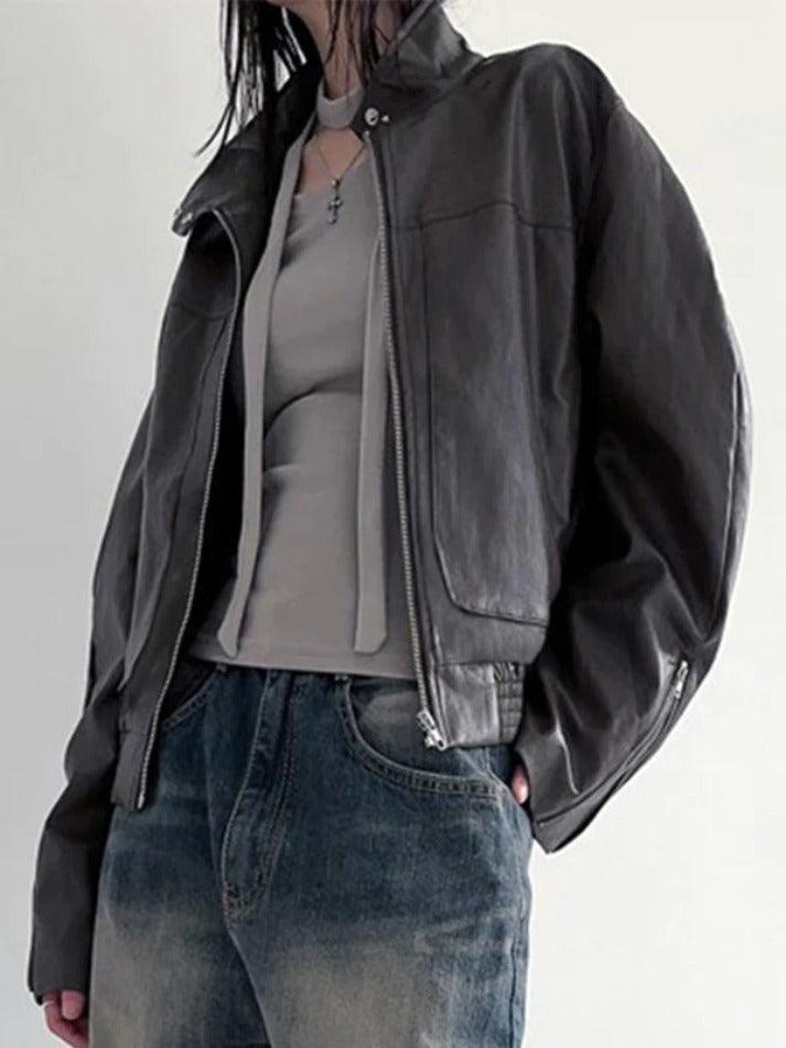 Solid Collar Neck Leather Motorcycle Jacket