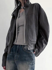 Solid Collar Neck Leather Motorcycle Jacket