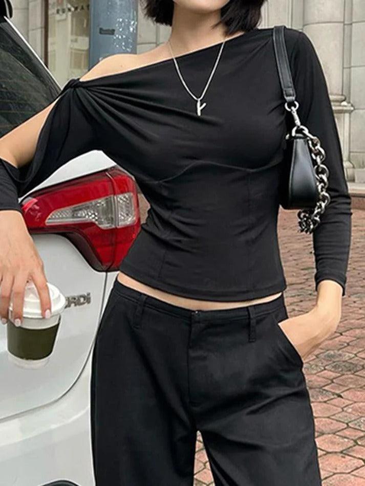 Solid One Shoulder Cutout Sleeve Long Sleeve Tee