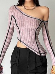 Slanted Shoulder Splice Irregular Hem Long Sleeve Knit