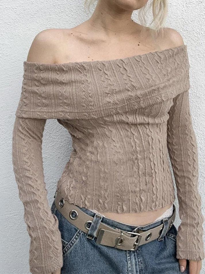 Solid Off Shoulder Slim Cable Knit Long Sleeve Knit