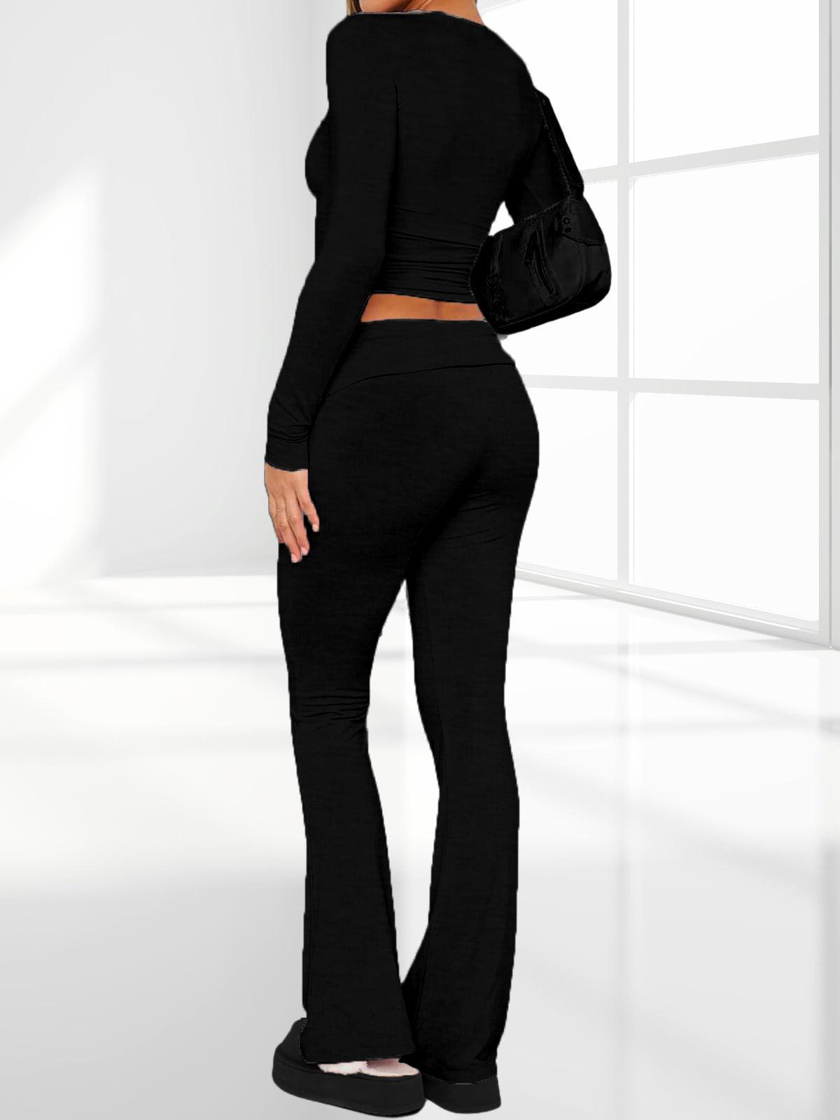 Long Sleeve Cropped Top Fold-over Flare Pants Set